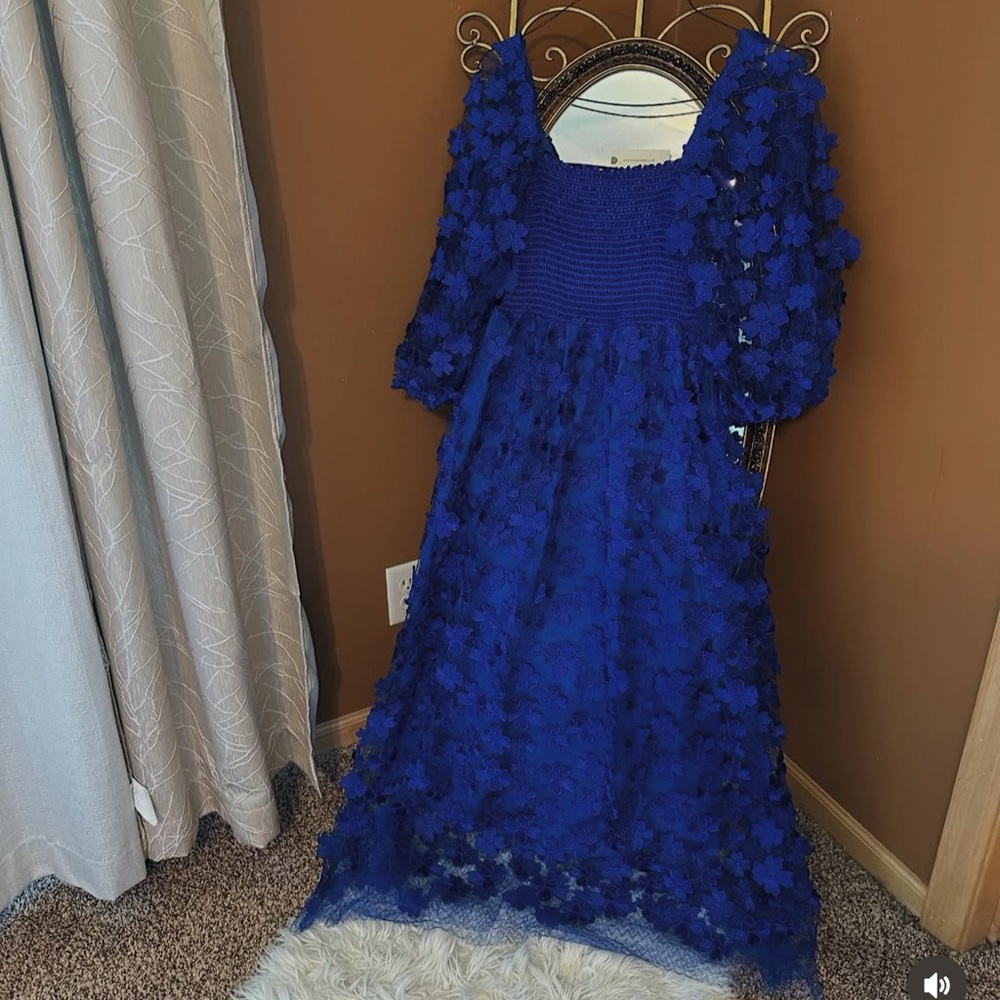 Elegant Blue Floral Lace Long Sleeve Dress